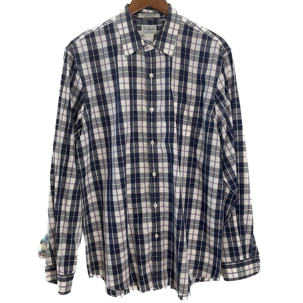 L.L. Bean White Purple Blue Plaid Button Down Shirt Size Large